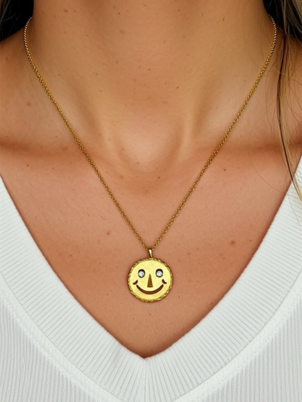 Funny Gold Tone Smiley Face Pendant with Rhinestone Eyes Gift